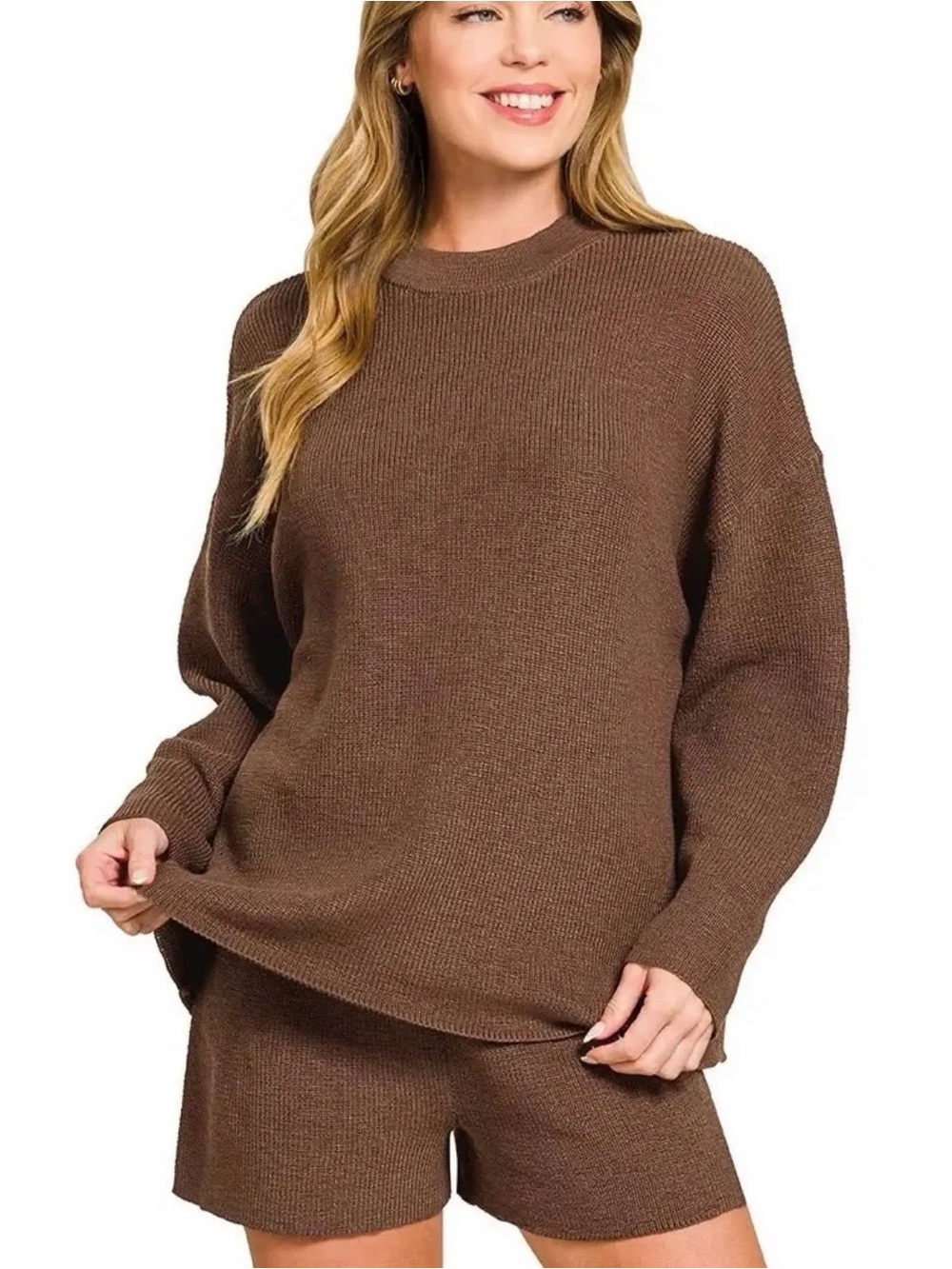 Zenana Round Neck Knit Top and Shorts Sweater Set
